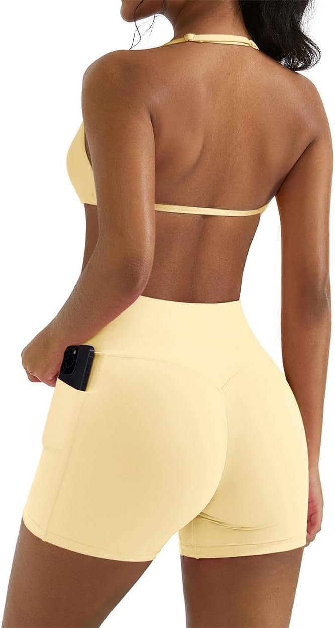 OMKAGI 2 Piece Workout Sets for Women Open Back Strappy Sports Bra Matching Gym Outfits with Pockets