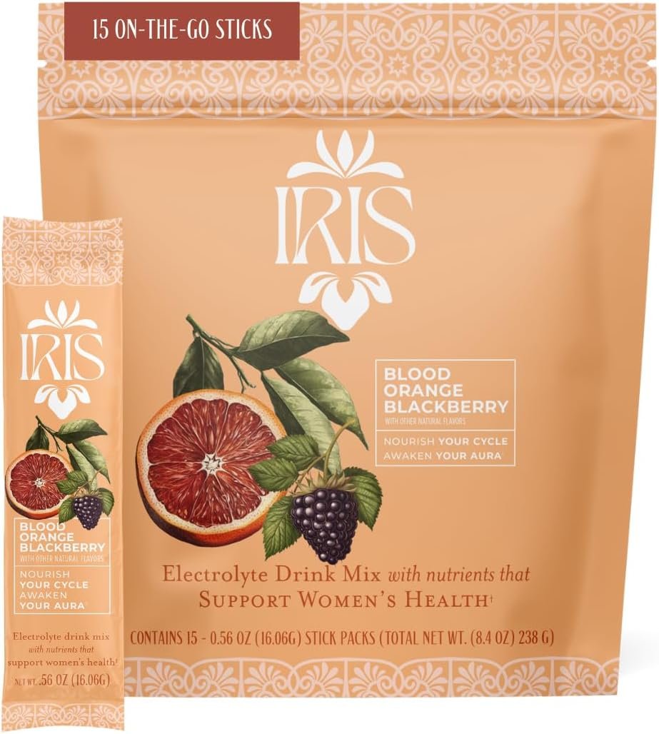 Iris Women’s Hormonal Health Daily Electrolyte Drink Mix | High Fiber, Essential B Vitamins for Mood Support | 40:1 Myo & D‑Chiro Inositol | Blood Orange BlackBerry, 15 Hydration Powder Packets