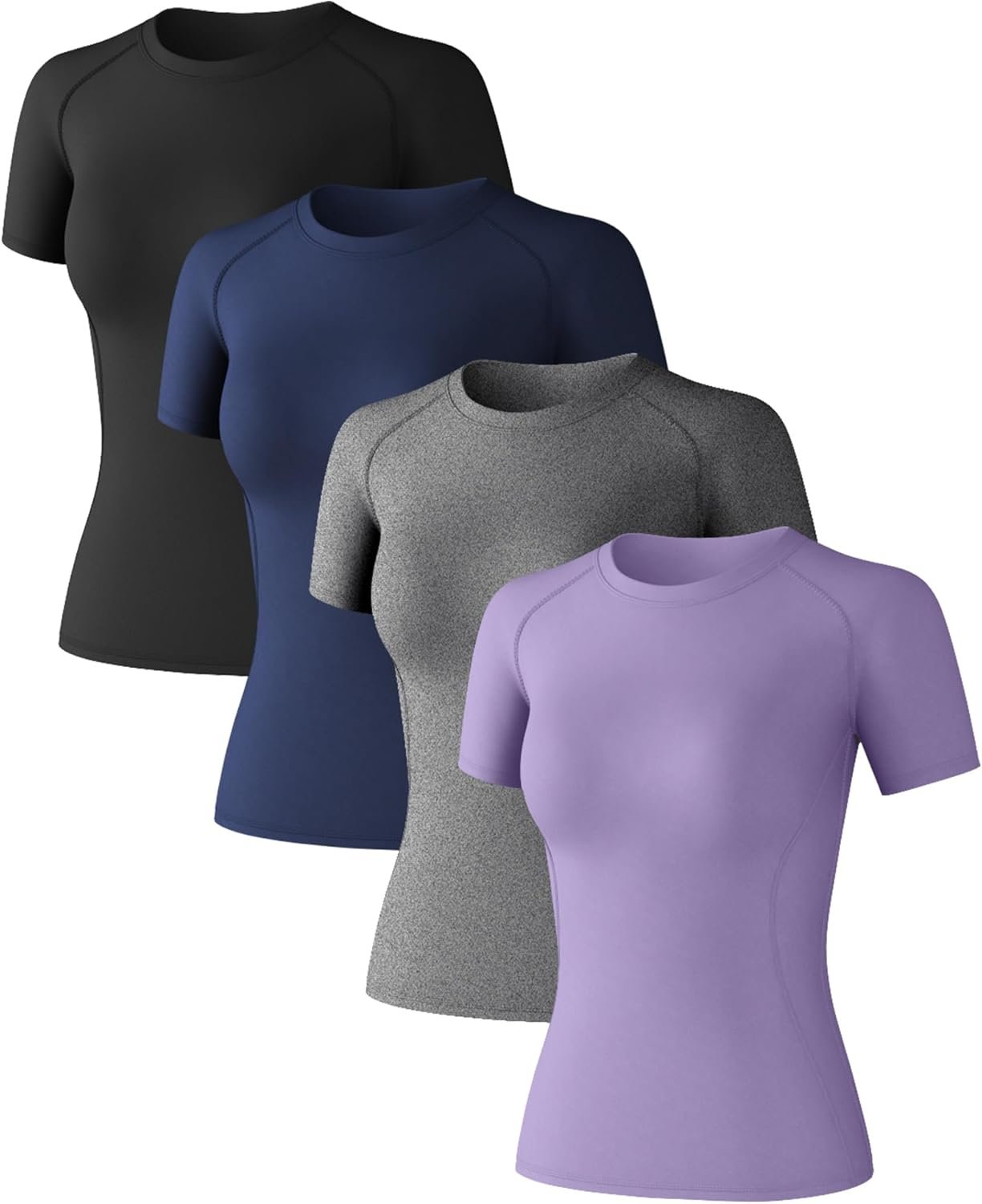 Women’s Compression Shirts Short Sleeve Workout Tops Moisture Wicking Athletic T-Shirts for Gym Yoga Running 4 Pack
