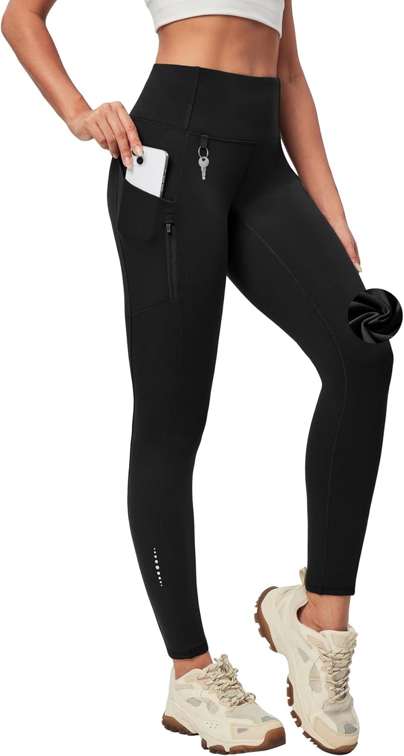 Heathyoga Fleece Lined Leggings Women with Pockets Water Resistant Thermal Leggings Winter Warm Yoga Pants Hiking Running