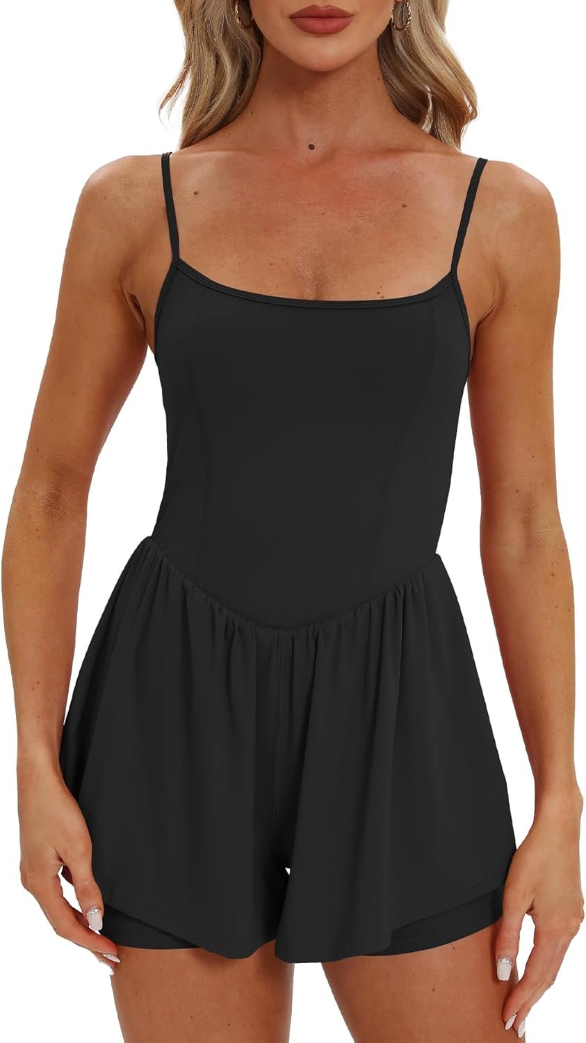 Beaully Women’s Summer Sleeveless Athletic Rompers Spaghetti Strap Double Lined Shorts Jumpsuit One Piece Outfits