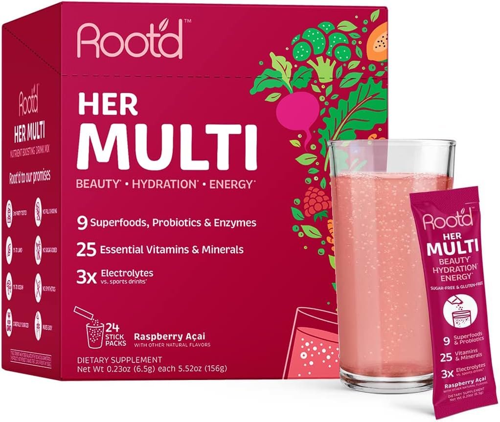 Root’d Multivitamin Powder for Women – 25 Vitamins & Minerals with 3X Electrolytes, 9 Organic Superfoods, Probiotics & Enzymes, Sugar-Free Multivitamin & Hydration | 24 Vitamin Drink Mix Packets