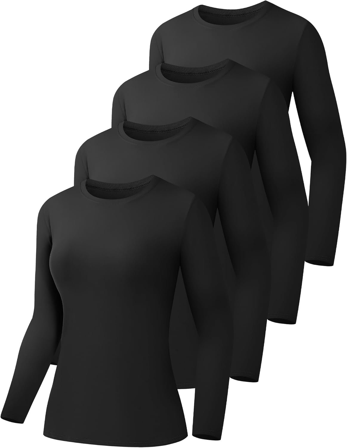 HOPLYNN 4 Pack Womens Long Sleeve Shirts Crew Neck Basic Compression Slim Fitted Workout Undershirts Baselayer Tops