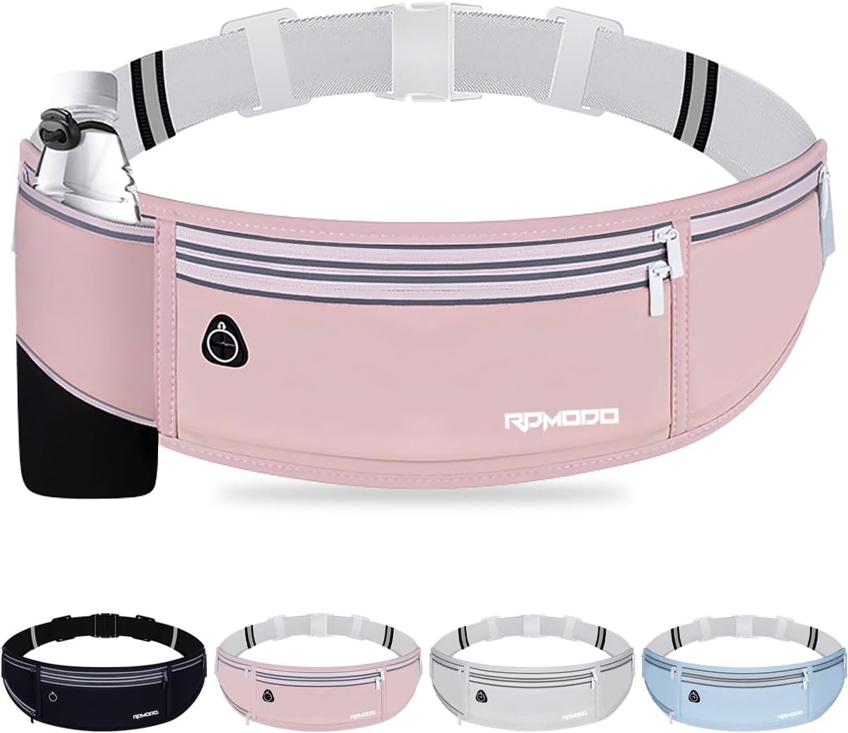Hydration Running Belt for Women Men，Fanny Pack with Water Bottle Holder，Large Capacity Running Phone Holder for iPhone 17 16 Pro Max Samsung，Slim Reflective Waist Belt for Hiking Outdoor（Pink）
