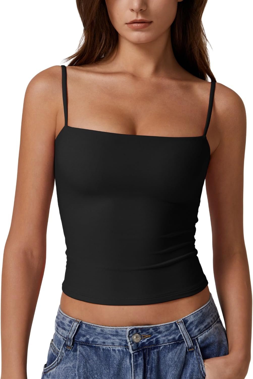 QINSEN Women’s Double Lined Basic Tank Top Adjustable Spaghetti Straps Sleeveless Camisole Shirts
