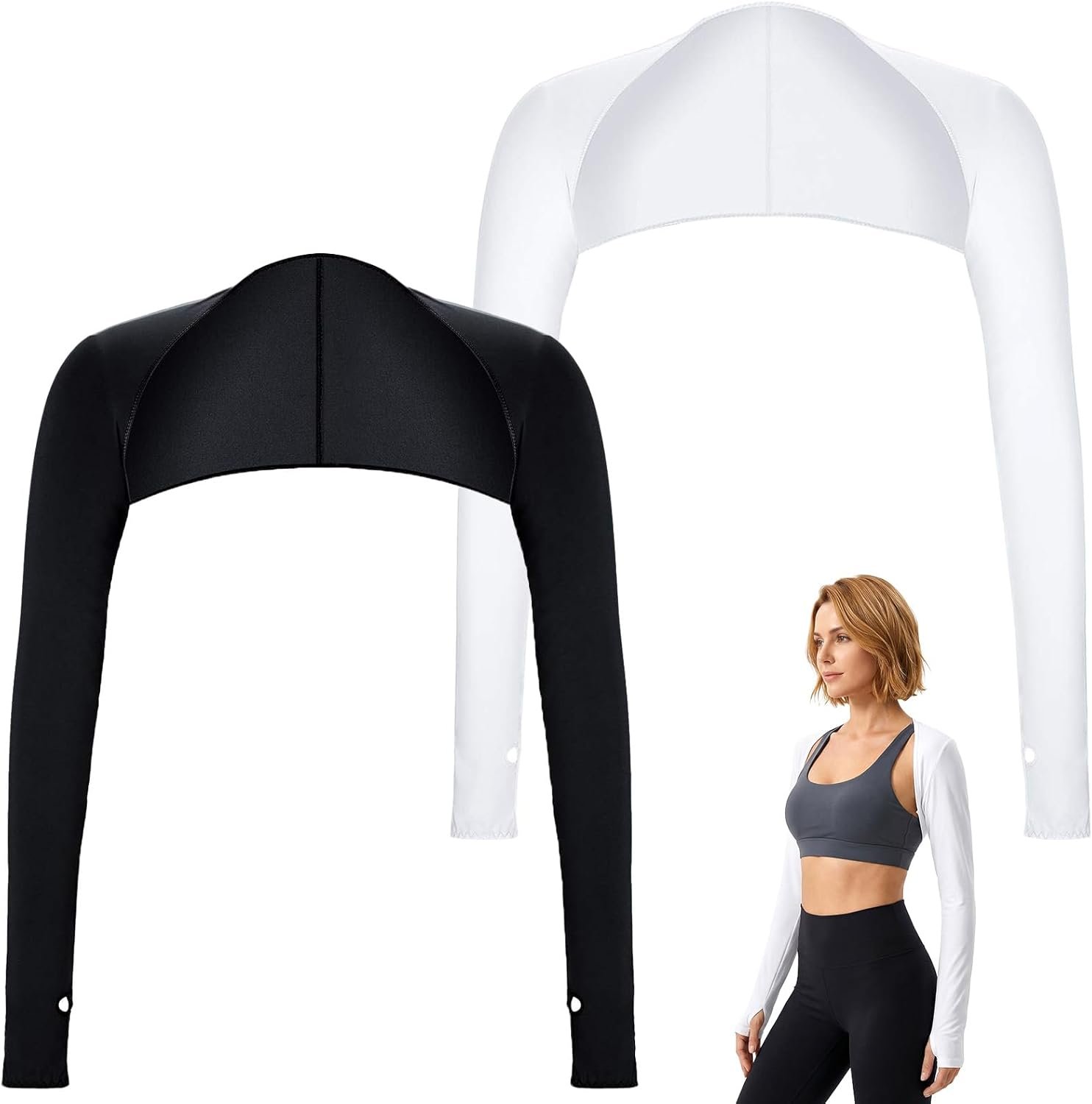 Nogeqi 2 Pack Cooling Shawl Arm Sleeves for Women UV Sleeves Sun Protection Sleeve with Finger Hole, Comfortable & Breathable UV Protection Arm Cover for Women (Black, White)