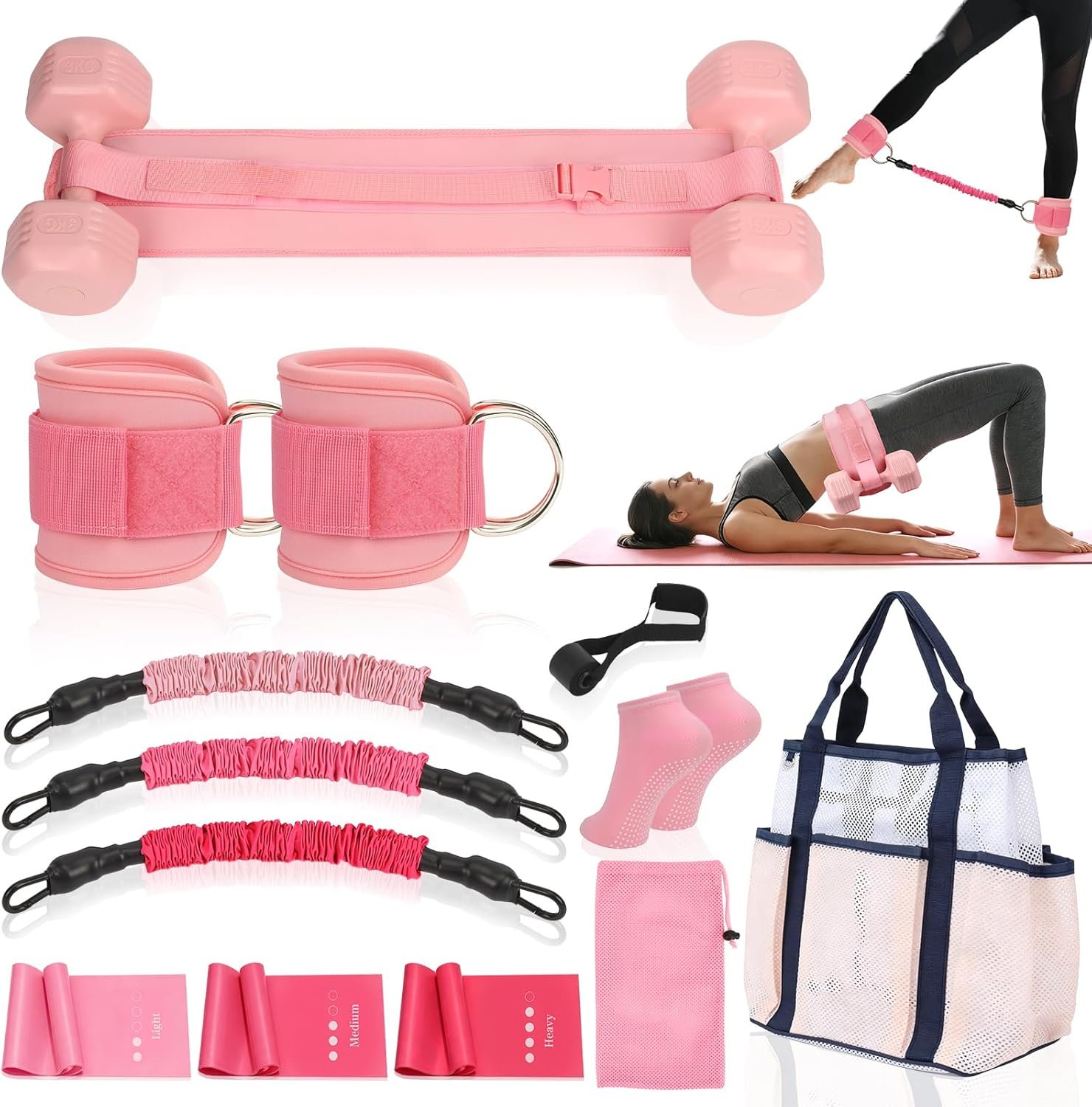 Women Glute Workout Equipment Set, Ankle Resistance Bands with Cuffs Long Yoga Resistance Bands Socks & Bag, Glute Sculpting at Home Set for Gym Equipment Pilates Kit