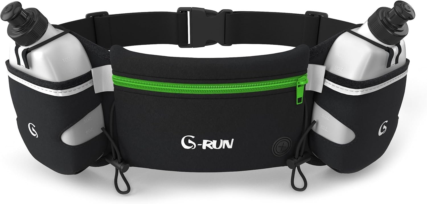 Q-RUN Hydration Running Belt with Bottles – Water Belts for Woman and Men – iPhone Belt for Any Phone Size – Fuel Marathon Waist Pouch for Runners – Jogging Cycling Biking, Neon Green