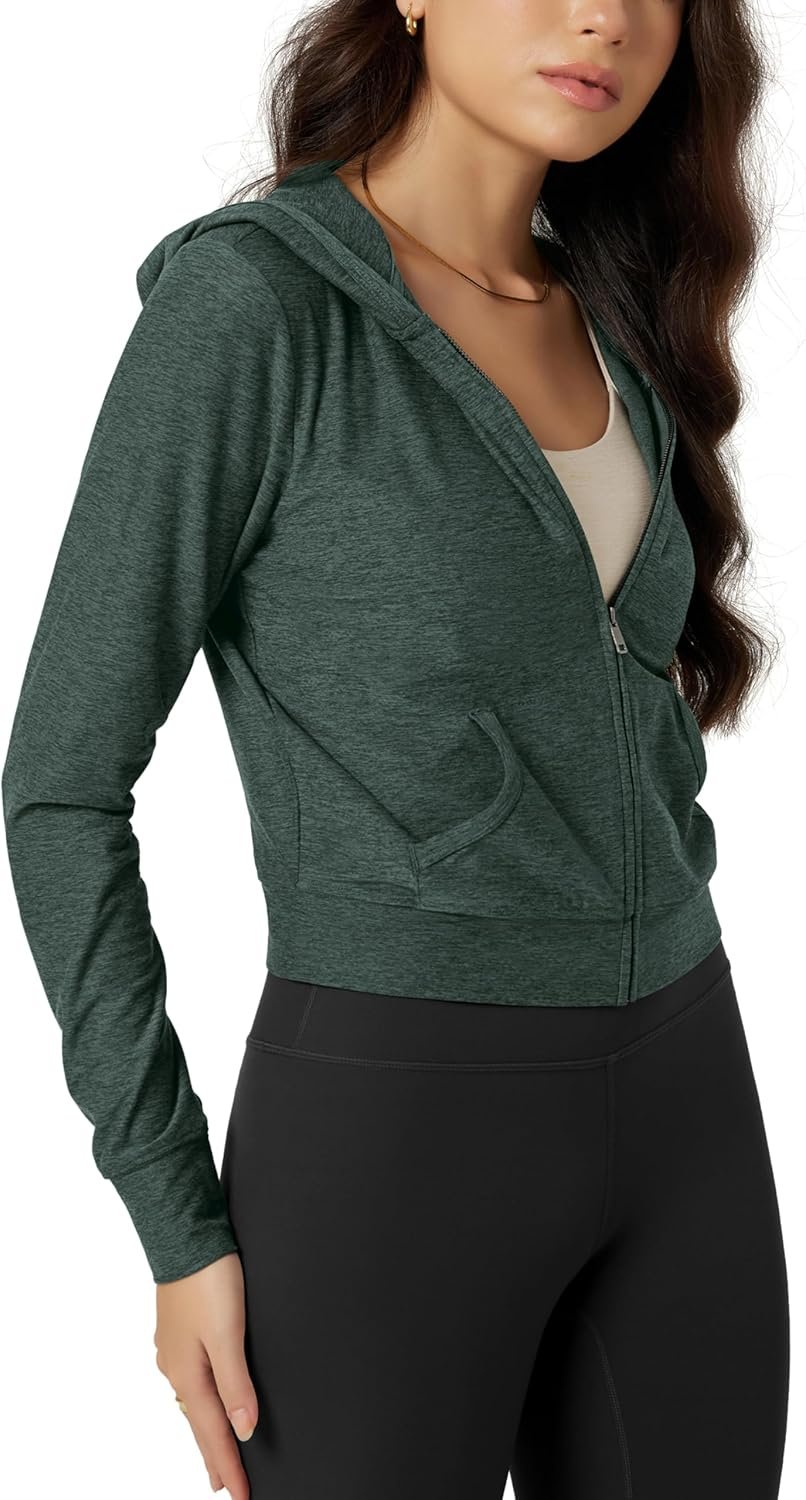 ODODOS Women’s Full-Zip Cropped Hoodie – odSTRATUM Tech Ultra Soft UPF 50+ Hooded Jacket with Pockets