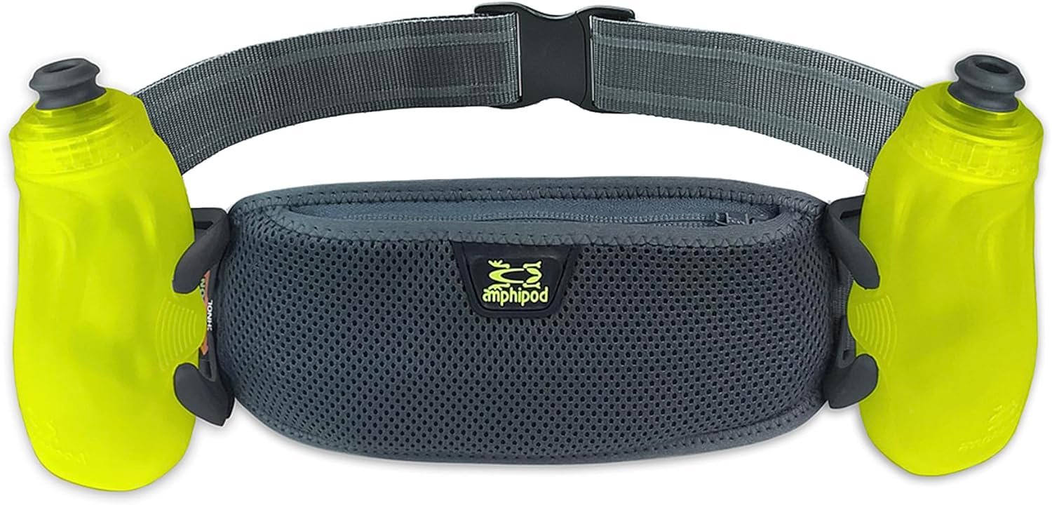 Amphipod RunLite Xtech 10K Hydration Belt, Ultra Runners Waist & Hydration Belt for Endurance Running, Racing, Men & Women – Steel/Green – 21 oz