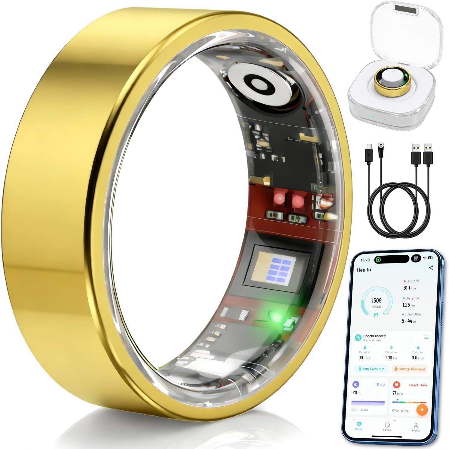 Smart Ring Health & Fitness Tracker for Men & Women – Sleep, Heart Rate, SpO₂, HRV & Stress Tracking – BP & Women Health Support, 180+ Sport Modes, IP68 Waterproof, No Subscription Fee (Gold, 8)