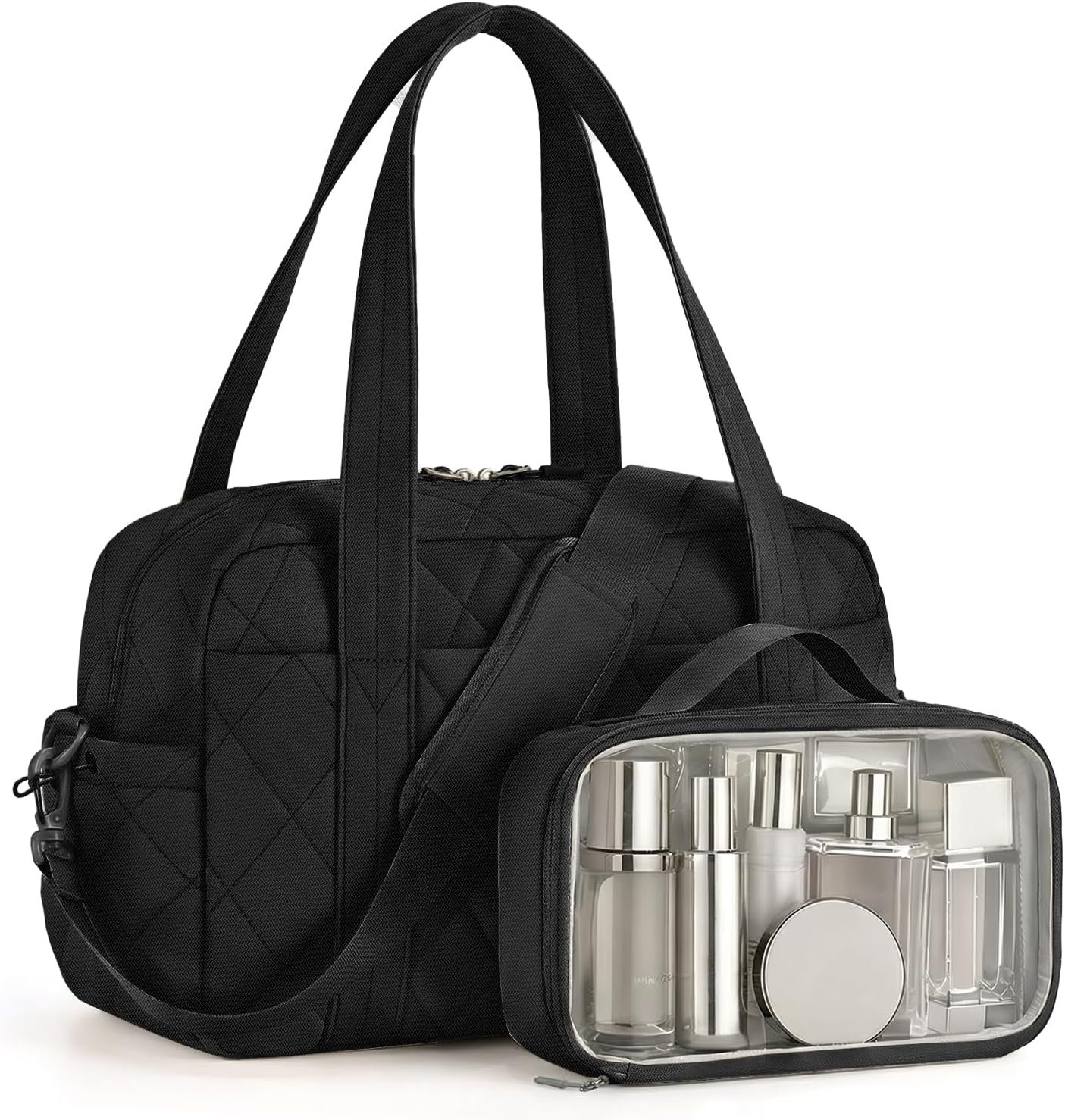 Percover Weekender Bag for Women, Ultra Lightweight Travel Duffle, Carry On Personal Item Overnight Bag with Toiletry Pouch & Compartments, Quilted Gym & Travel Bag, Midnight Black