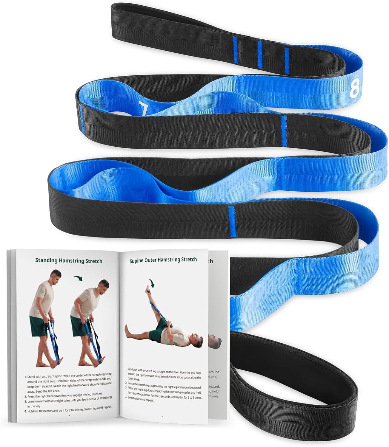 Trideer Stretching Strap for Physical Therapy, Non-Elastic Yoga Strap with 10 Loops, Durable Nylon Stretch Bands for Exercise, Pilates, Gymnastics, Leg Stretcher with Guidance
