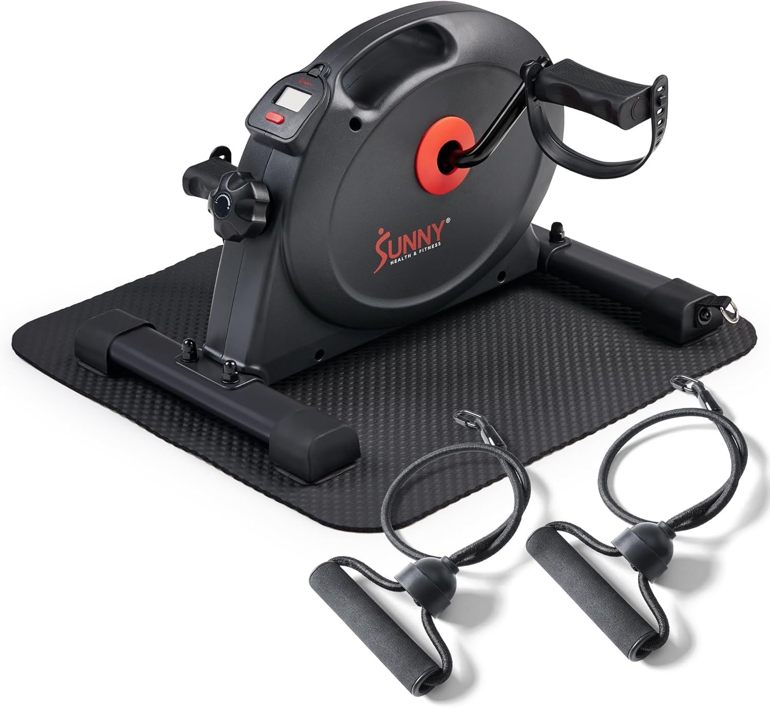 Sunny Health & Fitness Under Desk Smart Mini Pedal Exerciser, Exercise Cycle Bike and Mat/Workout Bands with Low Profile Design – SF-B0418SMART
