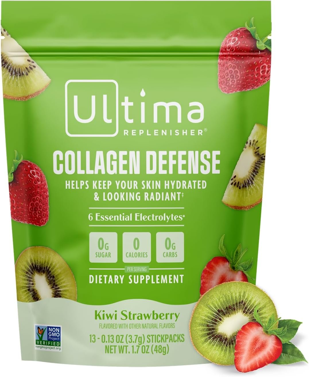 Ultima Replenisher Collagen Defense Supplement and Electrolytes Powder – Kiwi Strawberry, 13 Stickpacks – Hydration Packets with Dermaval and Biotin that Keep Your Skin Hydrated and Looking Radiant
