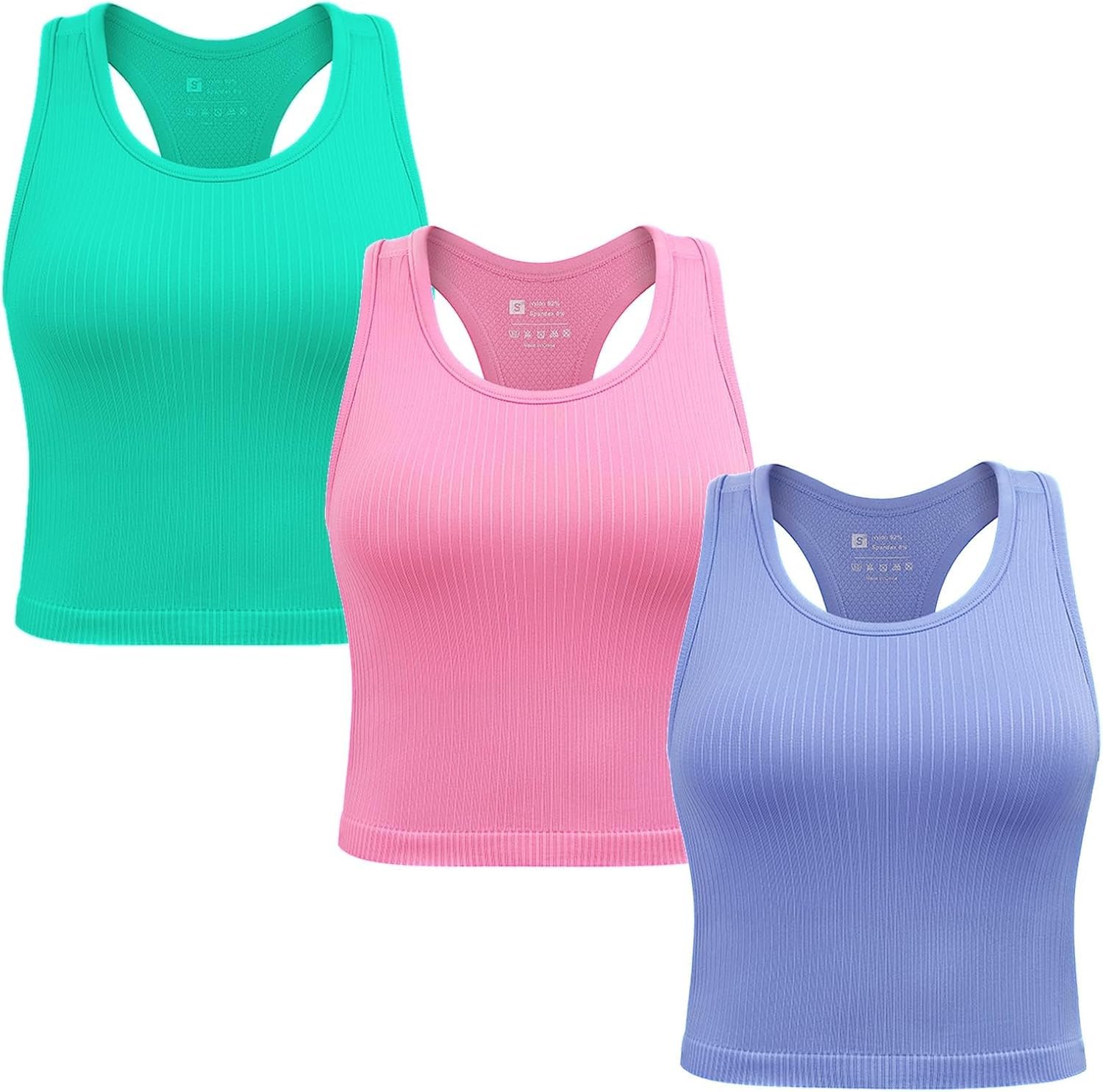 2/3/4 Packs Ribbed Racerback Tanks with Built in Bra for Women -Women’s Seamless Crop Tops Camisole Sport Bra