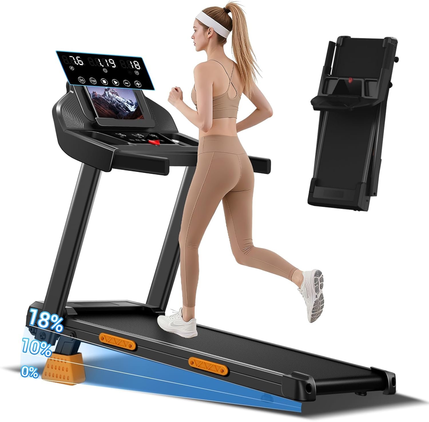 18% Incline Treadmills for Home Small, 3.0HP Foldable Walking Pad Treadmill with 3 LED Displays, Portable Treadmill Up to 400LBS Capacity, 7.5MHP