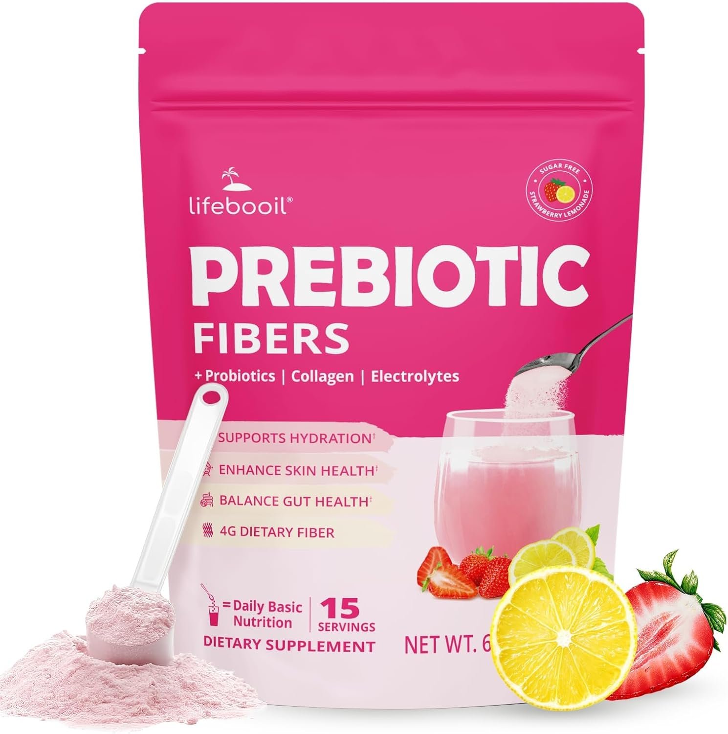 Daily Fiber Supplement for Women & Men, Fiber Powder with Probiotics, Collagen & Electrolytes- Supports Digestive & Gut Health, Bloating Relief | Sugar Free, Strawberry Lemon Flavor, 15 Servings