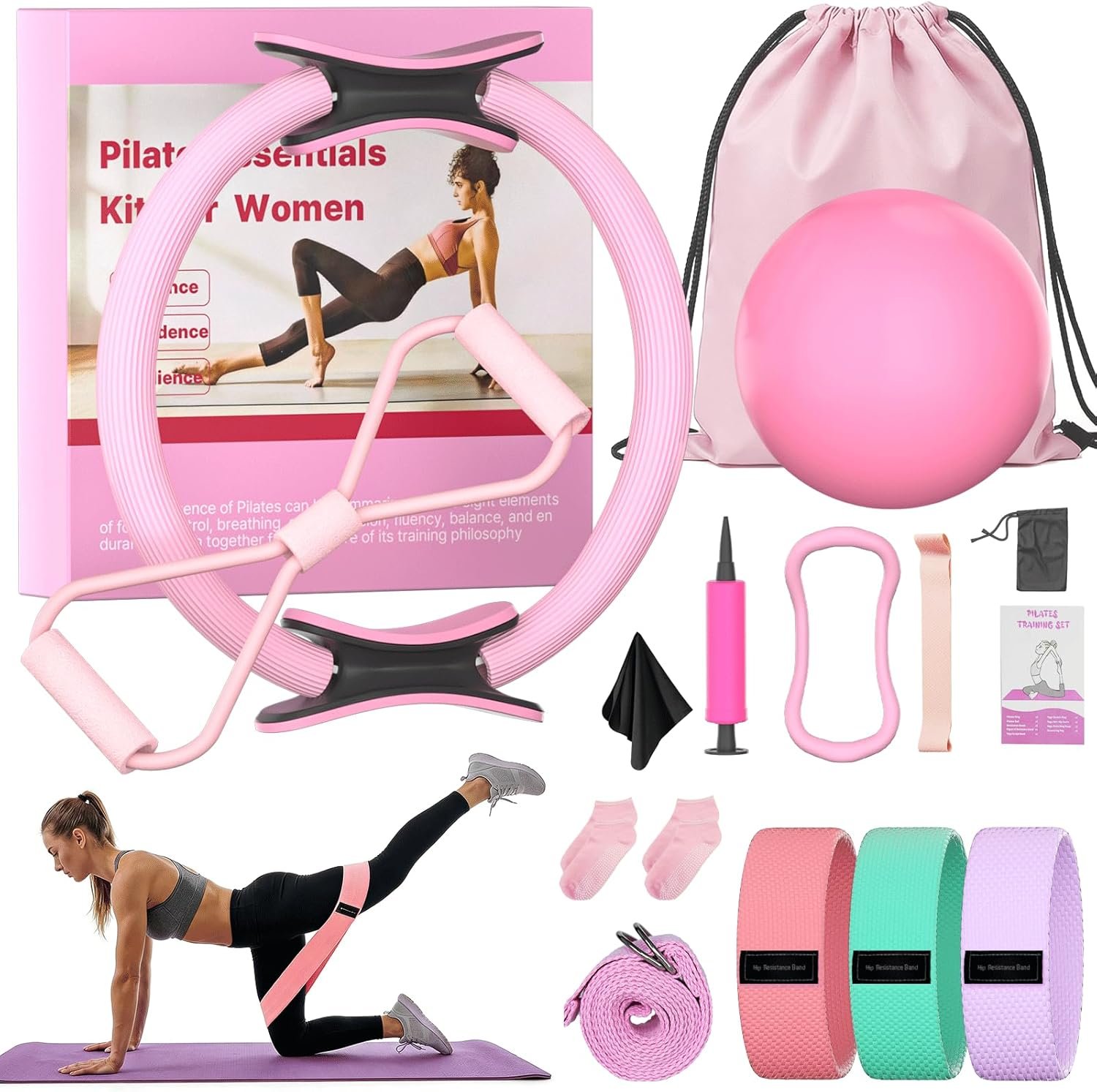 16 Pack Pilates Starter Kit for Women, Home Pilates Essentials Equipment Ring and Ball Set, Fabric Booty Bands, Guide, Pilates Workout Kit for Beginners at Gym Studio Travel