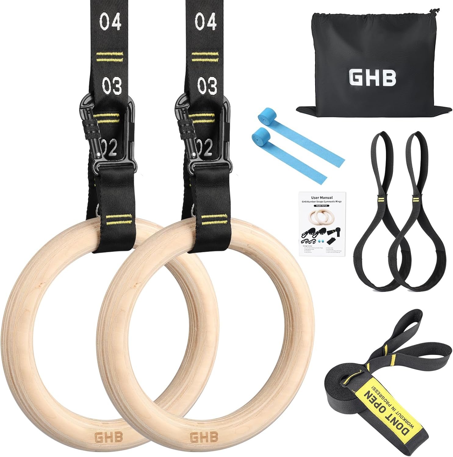 GHB Gymnastic Rings Wooden Gym Rings 1.25″ Olympic Rings Adjustable Straps Pull Up Rings Sets for Workout Bodyweight Fitness Training