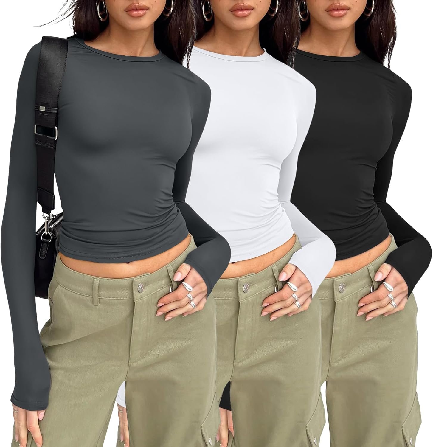 AUTOMET 3 Pack Womens Long Sleeve Crop Tops Basic Fitted T Shirts Slim Fit Crew Neck Y2K Layering Tees