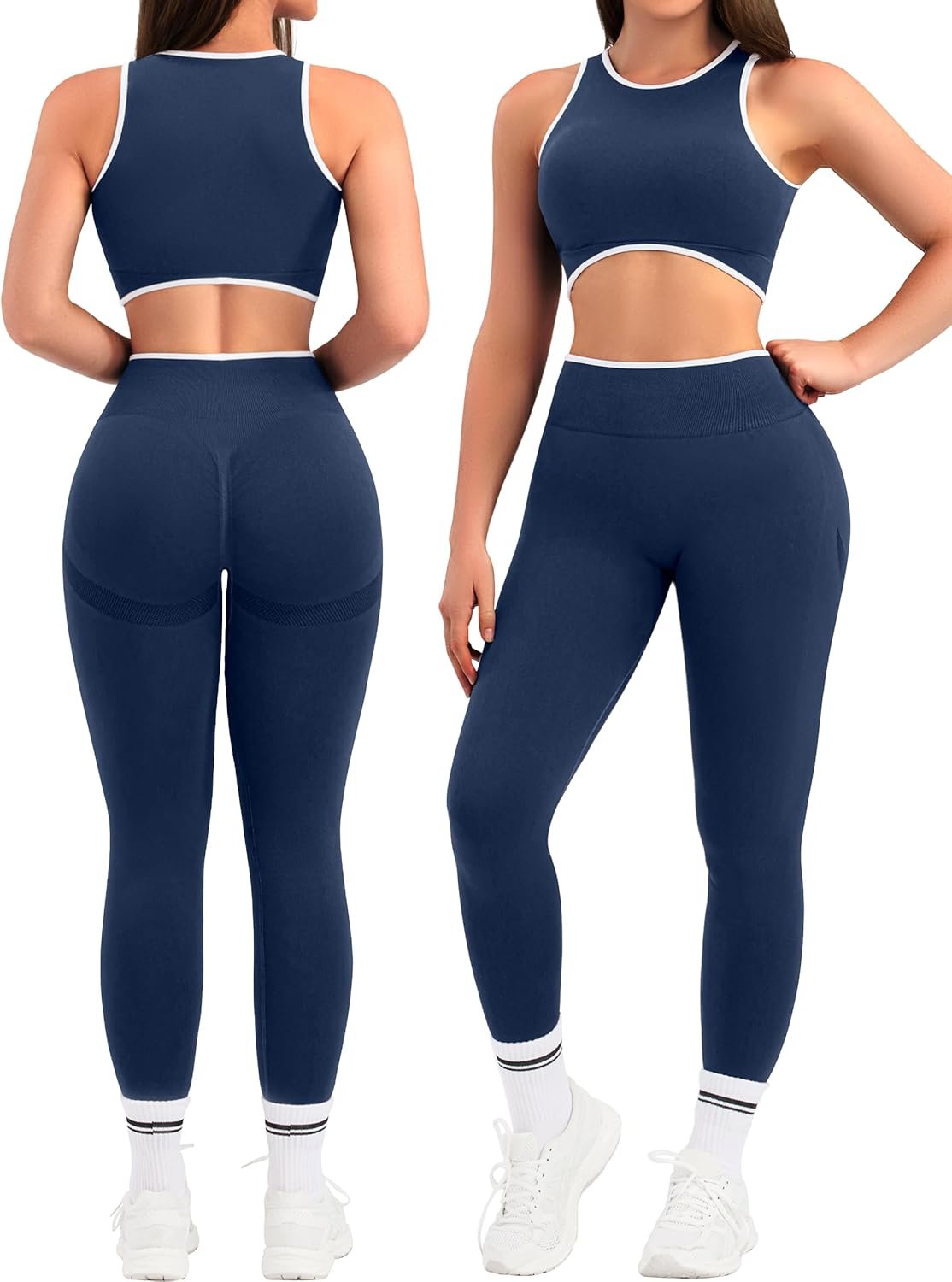 Relety Womens Workout Sets 2 Piece Seamless Crop Tank Top High Waist Leggings Contrast Trim Padded Racerback Bra Yoga Outfits