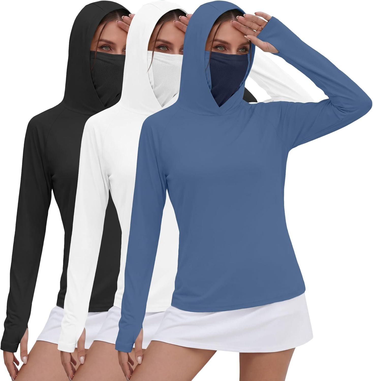 Xaatren 3 Pack Women’s UPF 50+ Sun Hoodies with Face Mask Thumb Holes Quick Dry Fishing Shirts UV Protection Hiking Shirt