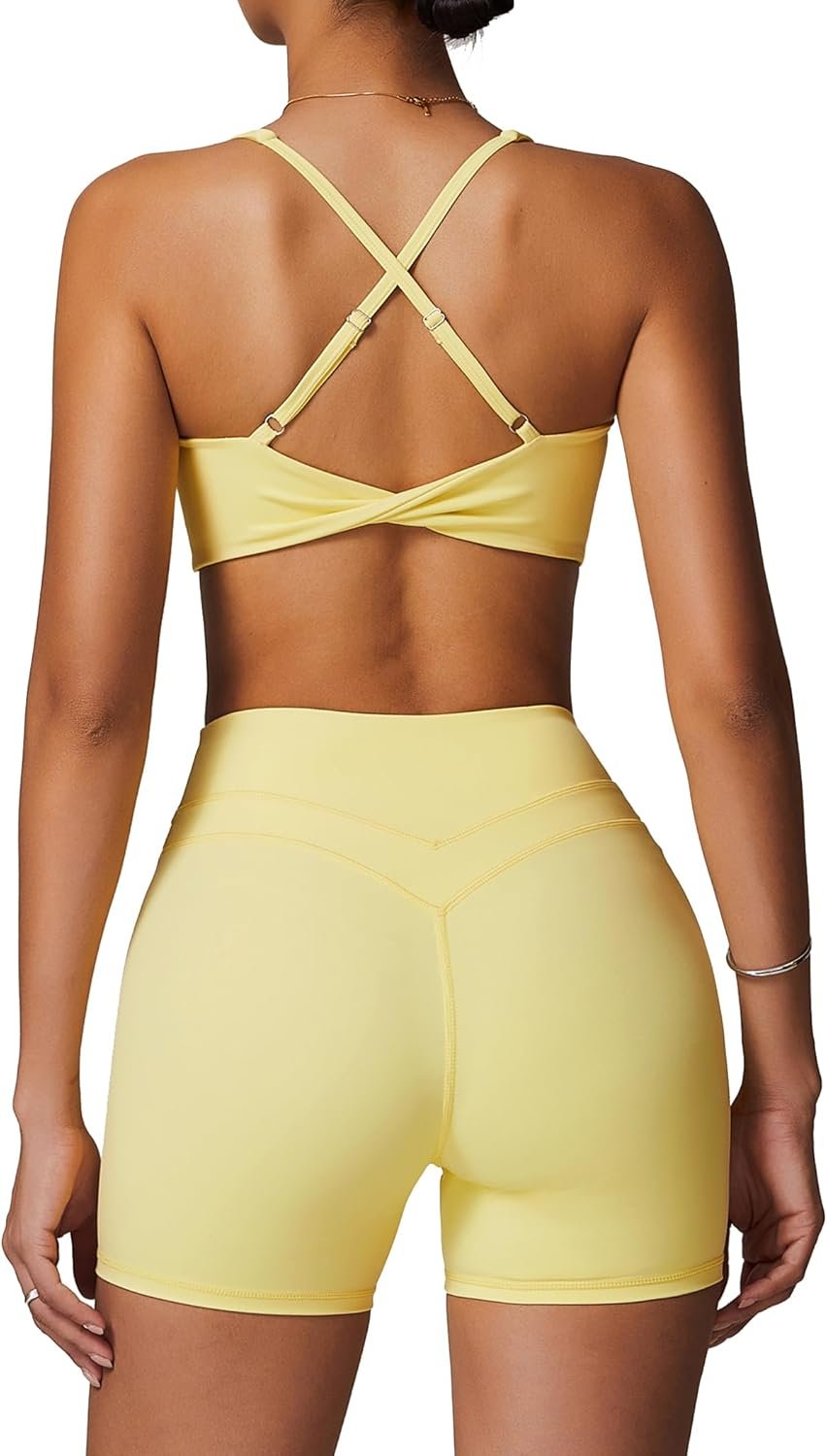 ABOCIW Workout Sets for Women 2 Piece V Neck Twist Back Sports Bra High Waist Biker Shorts Yoga Outfits