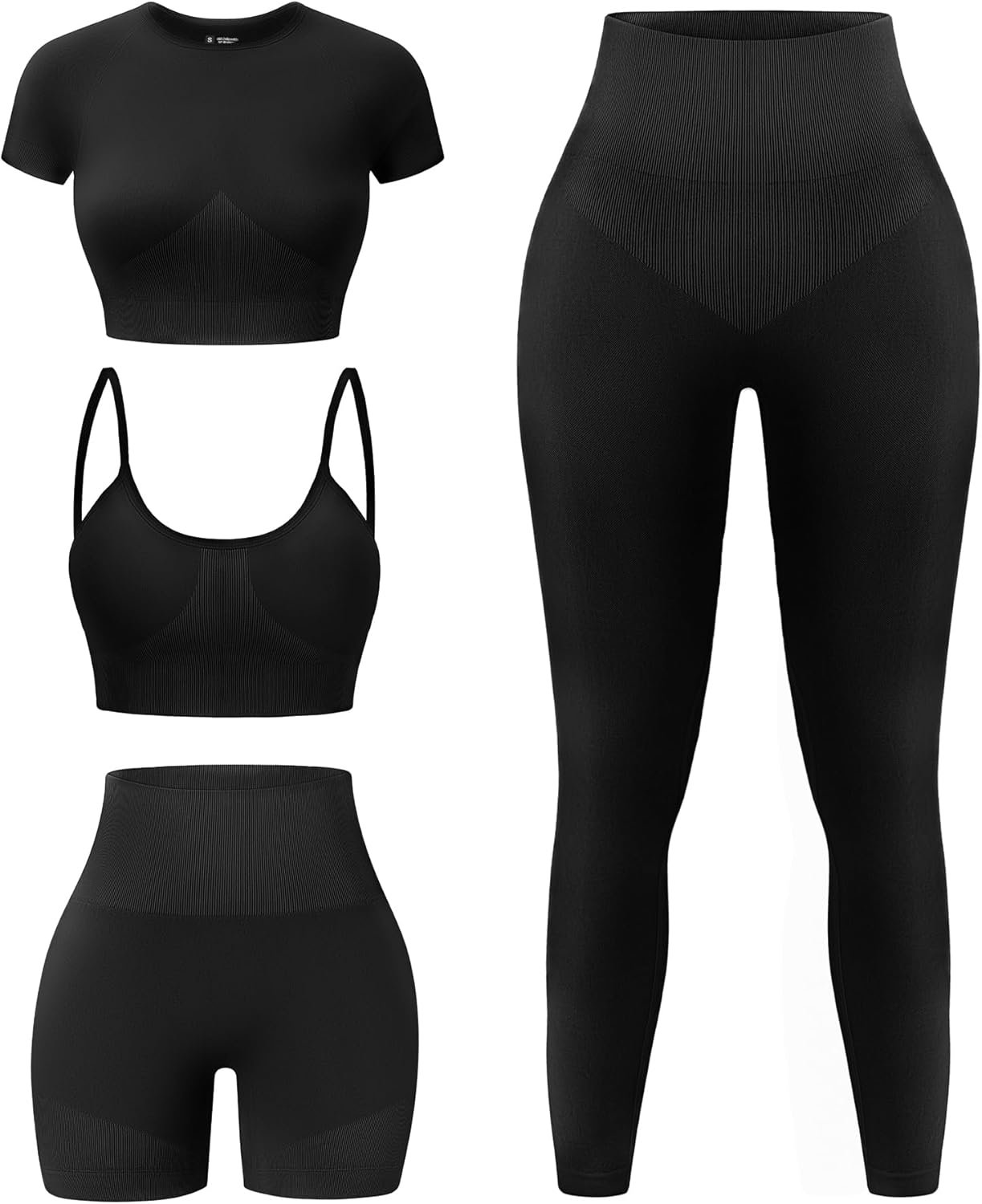 YOAKUKA Women’s 4 Piece Workout Sets Seamless Acid Wash Tops Sports Bra High Waist Shorts Leggings Active Set