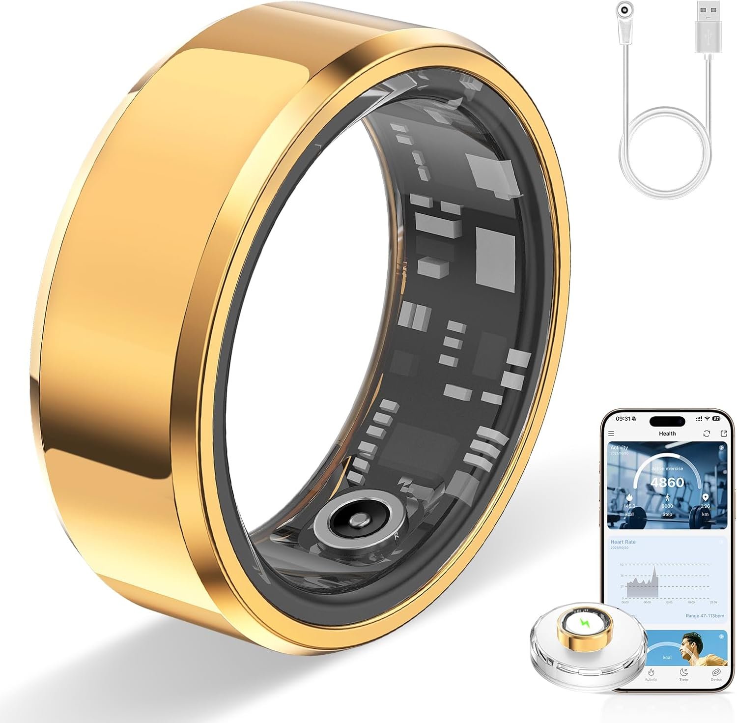 Smart Ring for Women & Men, Smart Rings Health Tracker with Heart Rate, Sleep Monitoring, Long Lasting Battery, IP68 Waterproof Fitness Ring for iOS & Android, No Subscription Fee (Gold, #6)
