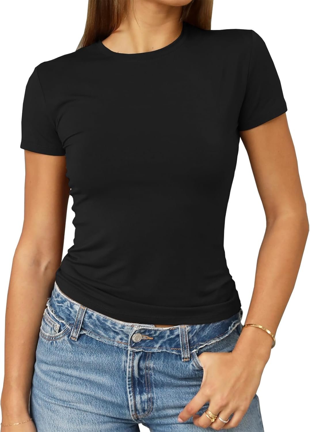 Abardsion Women’s Casual Basic Going Out Crop Tops Slim Fit Short Sleeve Crew Neck Tight T Shirts 2026