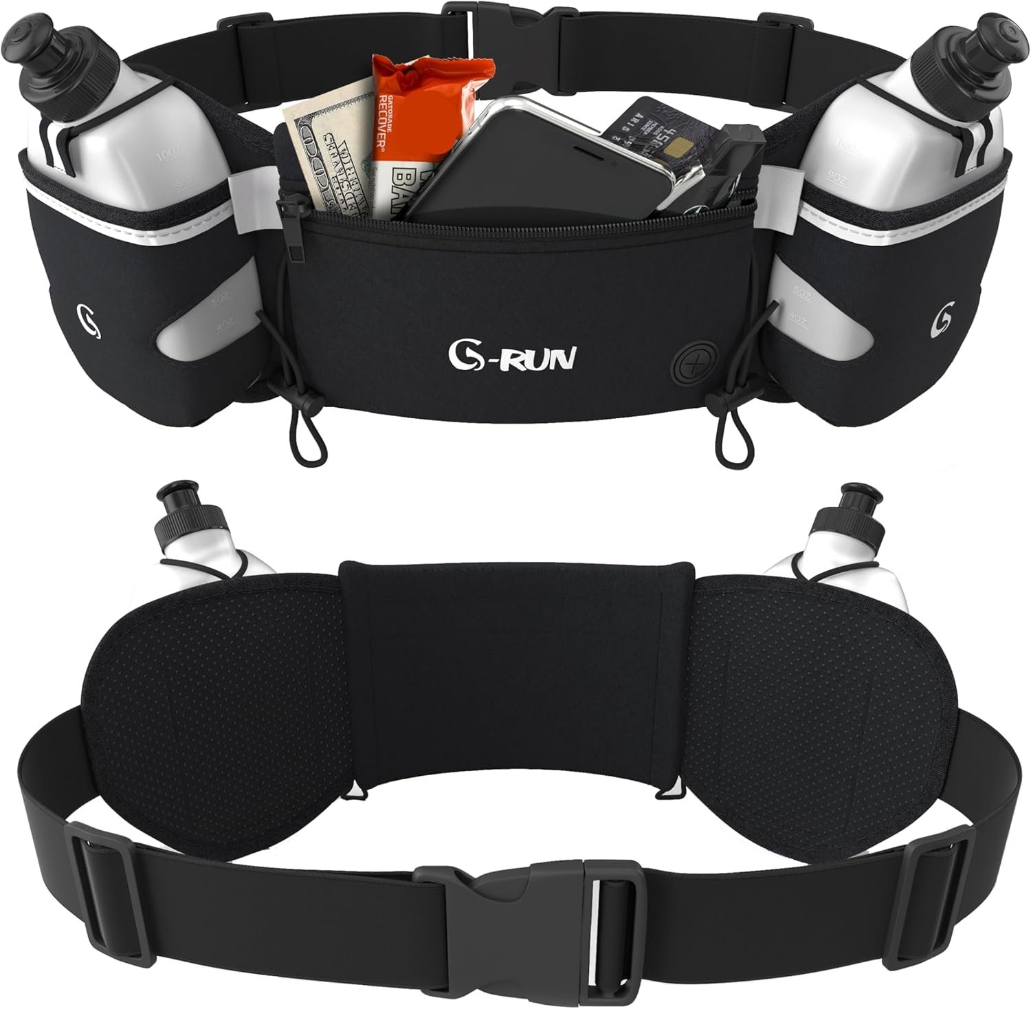 Q-RUN Hydration Running Belt with Bottles – Water Belts for Woman and Men – iPhone Belt for Any Phone Size – Fuel Marathon Waist Pouch for Runners – Jogging Cycling Biking, Black