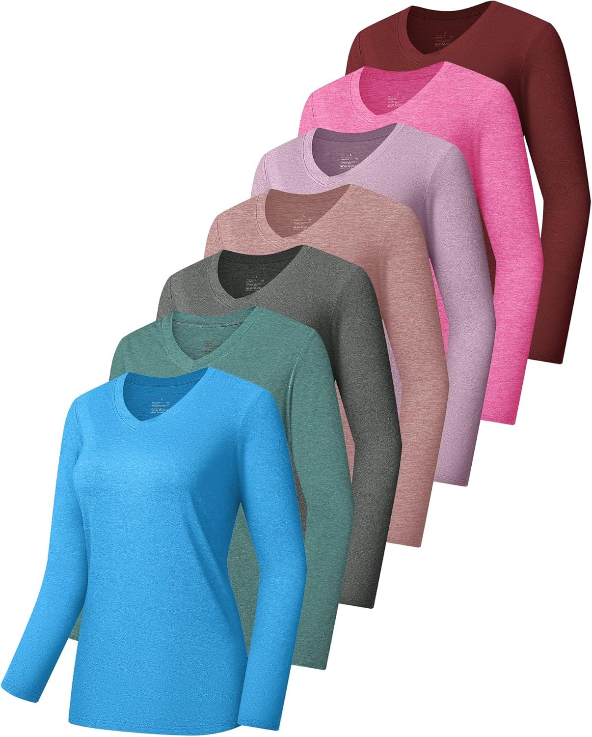7 Pack Womens Long Sleeve Athletic Shirts UV Sun Protection UPF 50+ Quick Dry Workout Running Tops V Neck