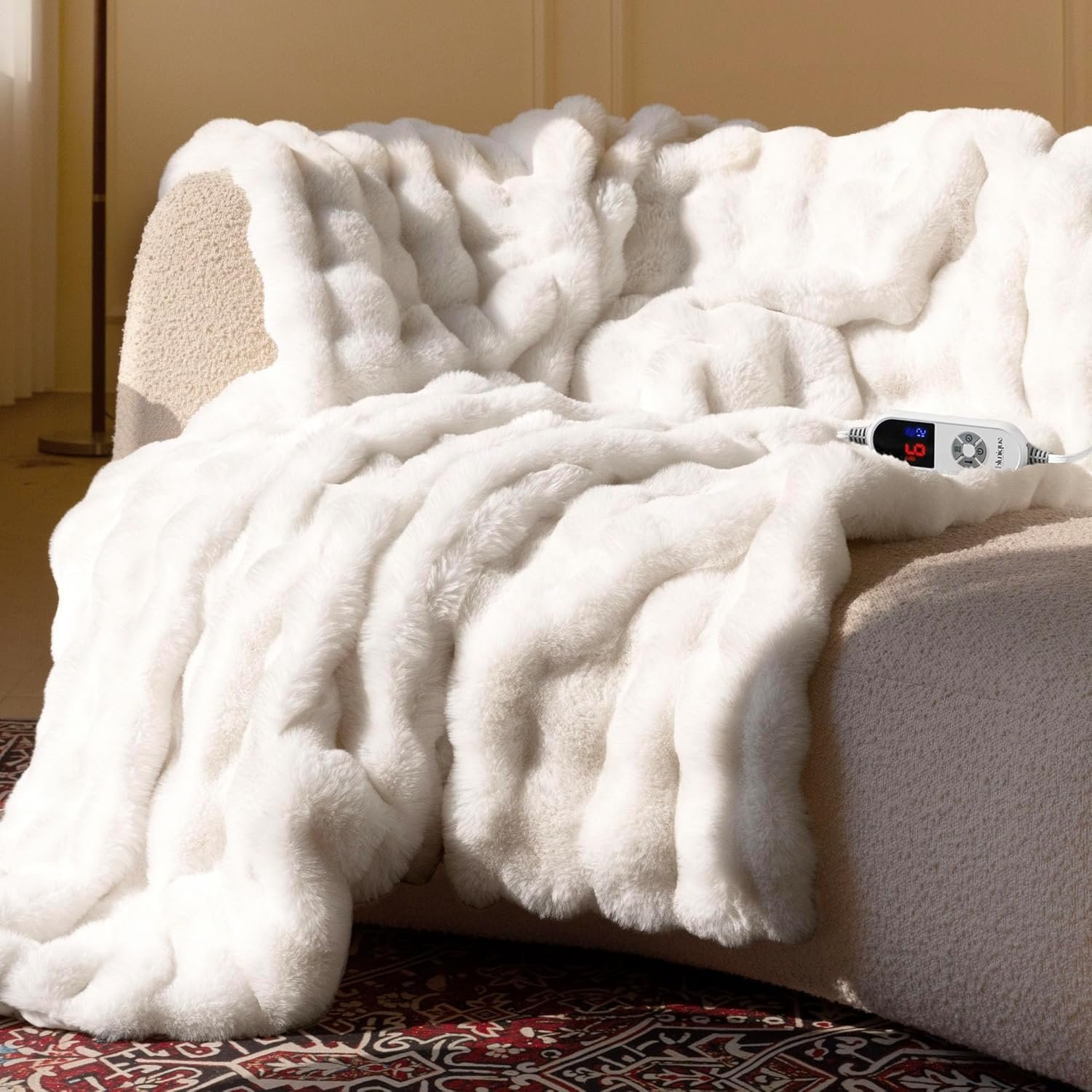 Electric Heated Blanket for Girls & Women, Soft & Luxurious, Faux Rabbit Fur Heating Throw Blankets, 6 Heat Settings, Overheat Protection, Quick Heating, Memory Function, Gift-Ready Design, 50″x60″