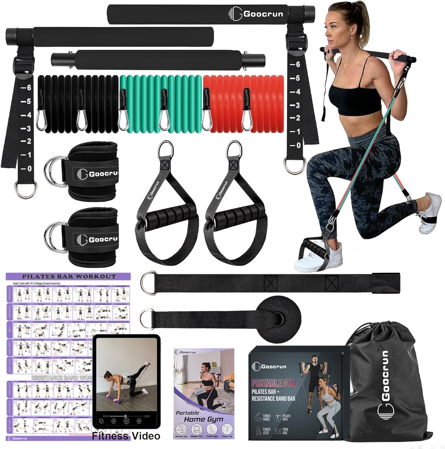 Goocrun Portable Pilates Bar Kit with Resistance Bands for Men and Women – 3 Set Exercise Resistance Bands – Multifunctional Home Gym – Supports Full-Body Workouts – with Fitness Poster and Video