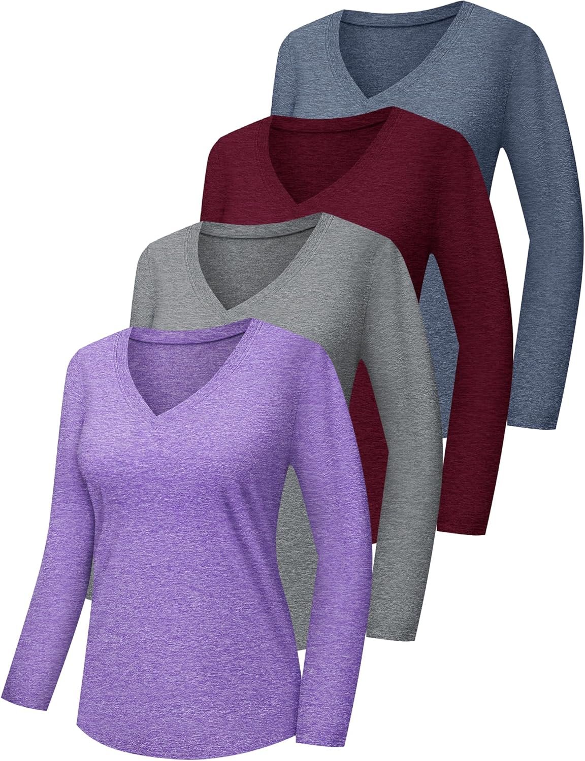 HOPLYNN 4 Pack Womens Long Sleeve Workout Shirts,UPF50+ Rash Guard Dry Fit V Neck UV Sun Protection Running Tops T Shirts