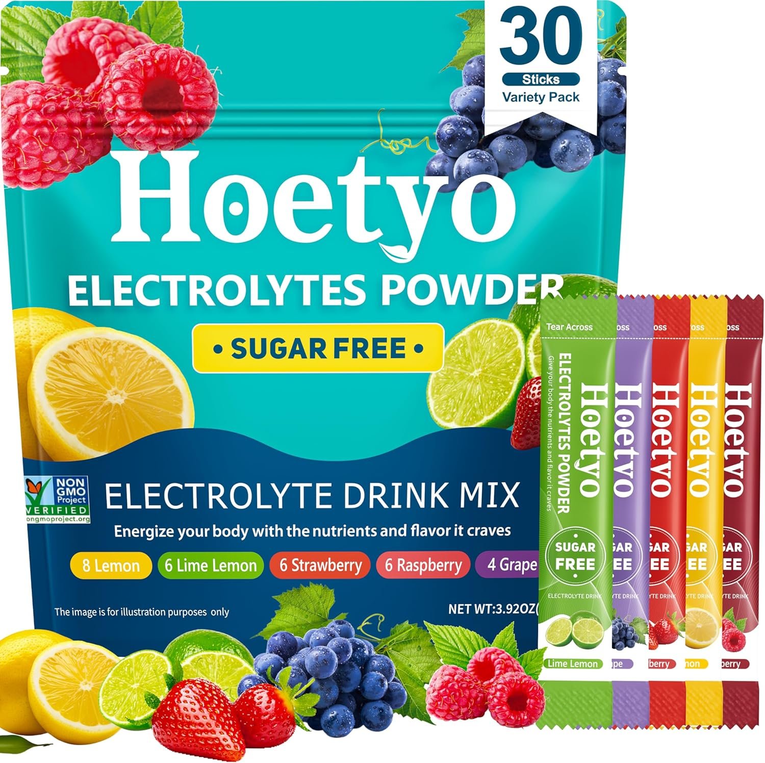 Electrolytes Powder Packets – Sugar Free Electrolyte Powder Drink Mix – 30 Sticks Daily Rapid Hydration Packets for Sports & Dehydration – Variety Pack, Keto Friendly, Vegan, Non-GMO, 5 Flavors