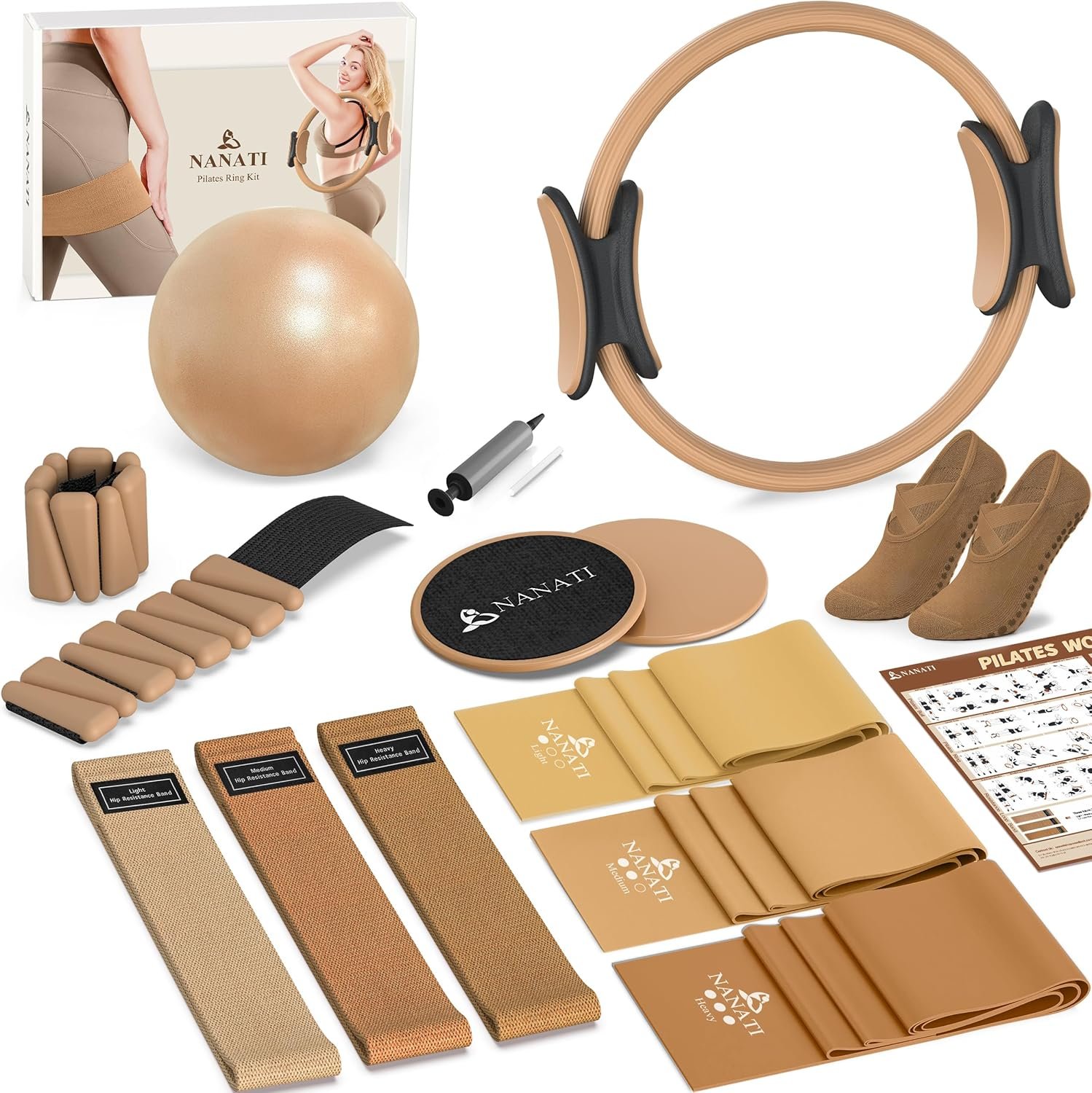NANATI Pilates Kit, Home Pilates Workout Kit for Women, Pilates Equipment with 14.5″ Pilates Ring and Ball, Resistance Bands, Ankle Weights, Sliders & Grip Socks Accessories for Starter Home Workouts