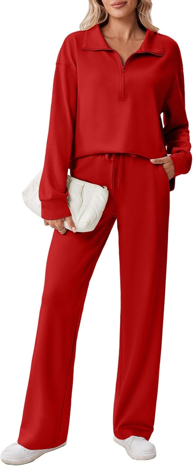 PINSPARK 2 Piece Sets for Women 1/2 Zip Sweatsuit Loose Fit Sweatshirt Straight Leg Pants 2025 Matching Outfit Fall Tracksuit