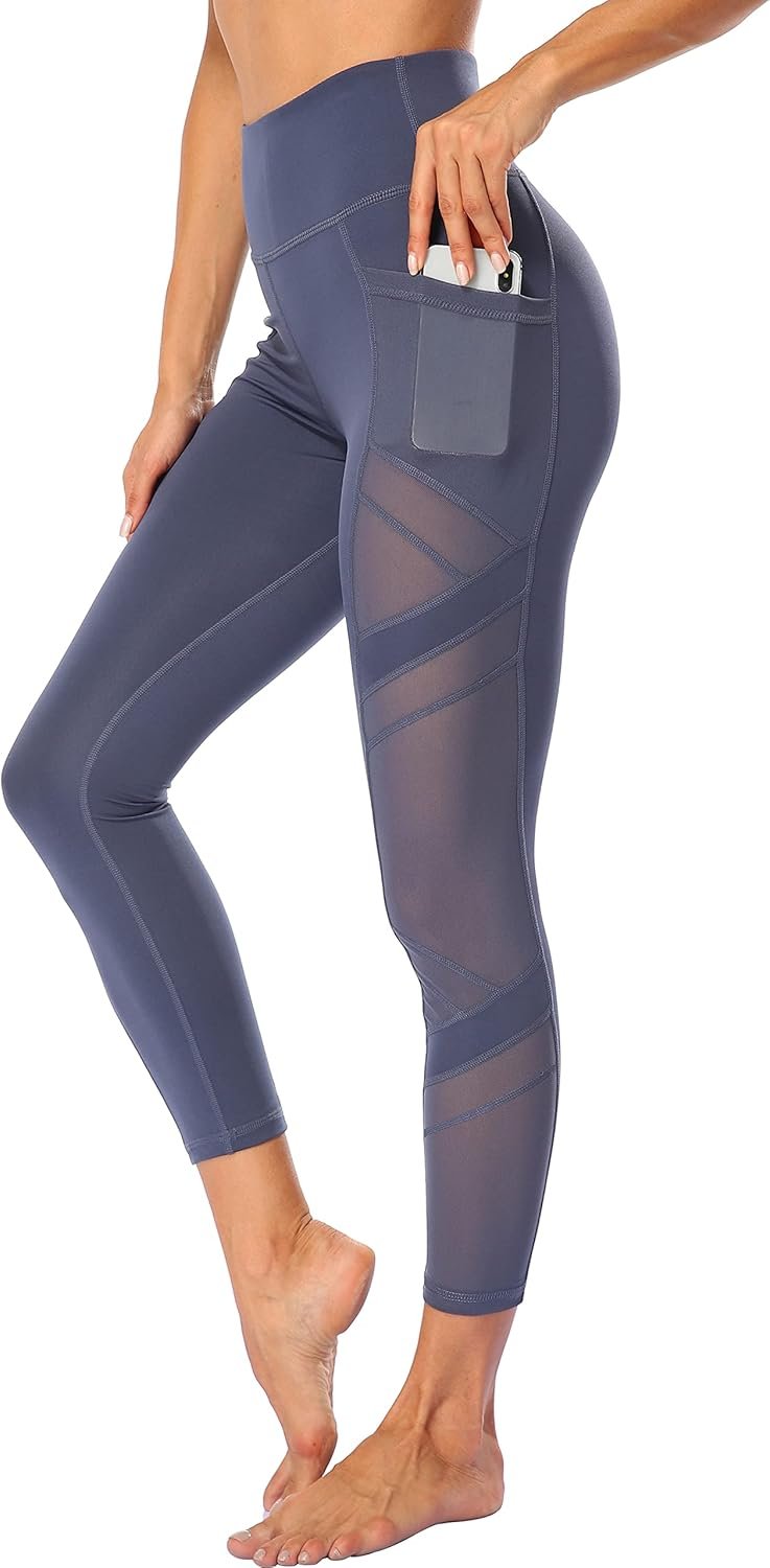 Women’s Mesh High Waist Leggings Yoga Pants with Pockets Tummy Control 4 Way Stretch Workout Yoga Leggings