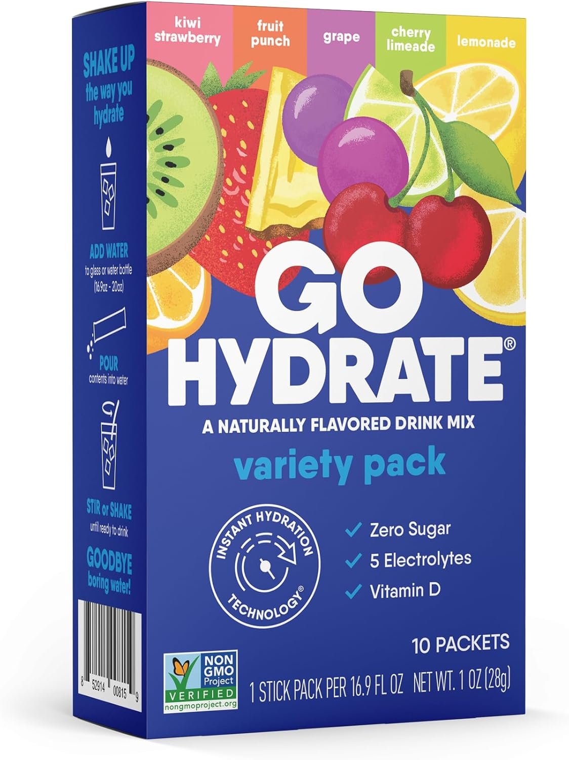 GoHydrate Instant Hydration Powder Packets – Low Sodium Electrolytes Drink Mix – Natural Hydration Support, Sugar Free Electrolyte Flavored Powder Drink with Vitamin D, 10 Packs, Mixed