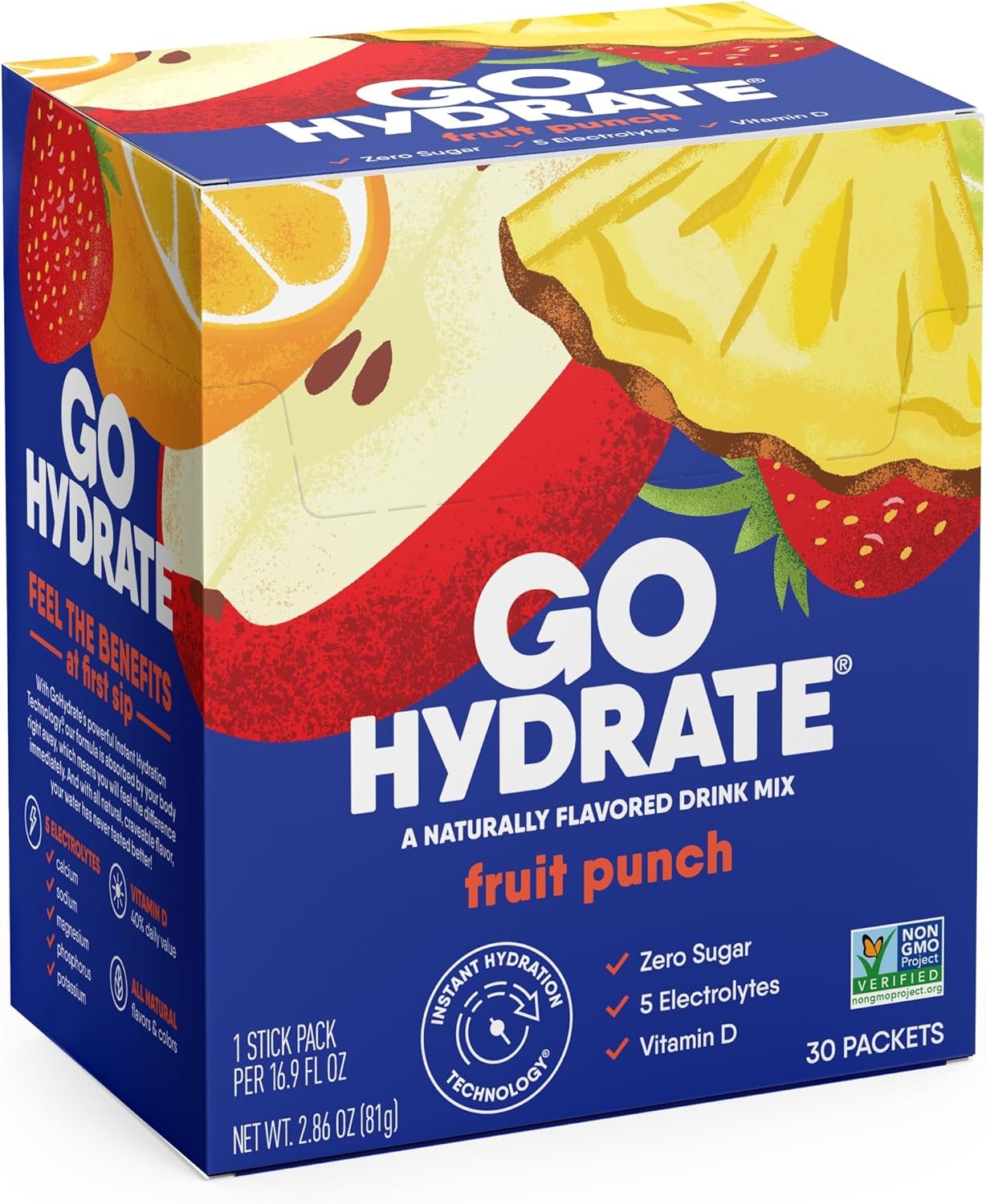 GoHydrate Instant Hydration Powder Packets – Low Sodium Electrolytes Drink Mix – Natural Hydration Support, Sugar Free Electrolyte Flavored Powder Drink with Vitamin D, 30 Packs, Fruit Punch