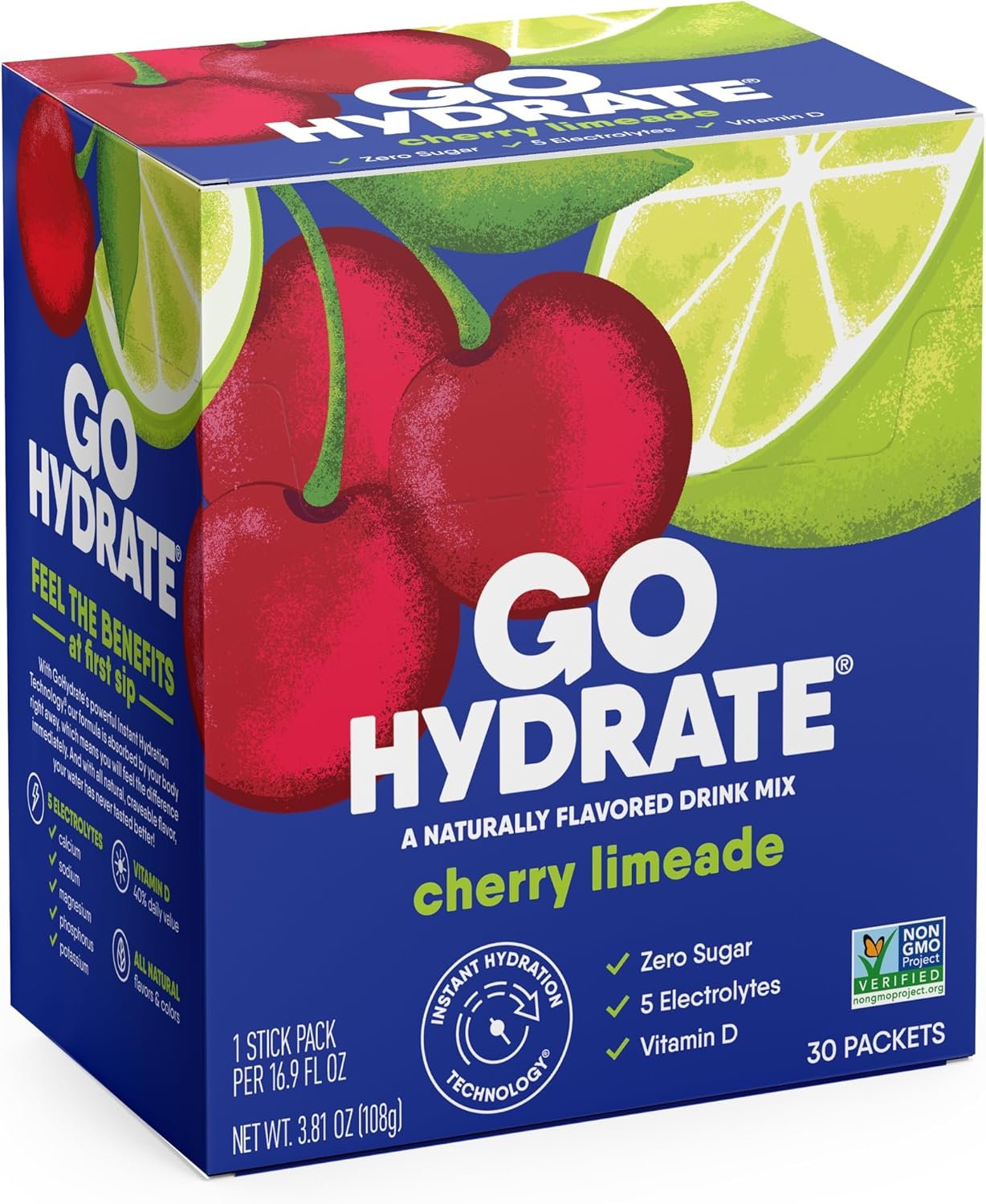 GoHydrate Low Sodium Electrolytes Powder Packets Sugar Free – Instant Hydration Daily Drink Mix – Zero Sugar Water Flavor Packet Singles with Vitamin D – (Cherry Limeade, 30 Packs)