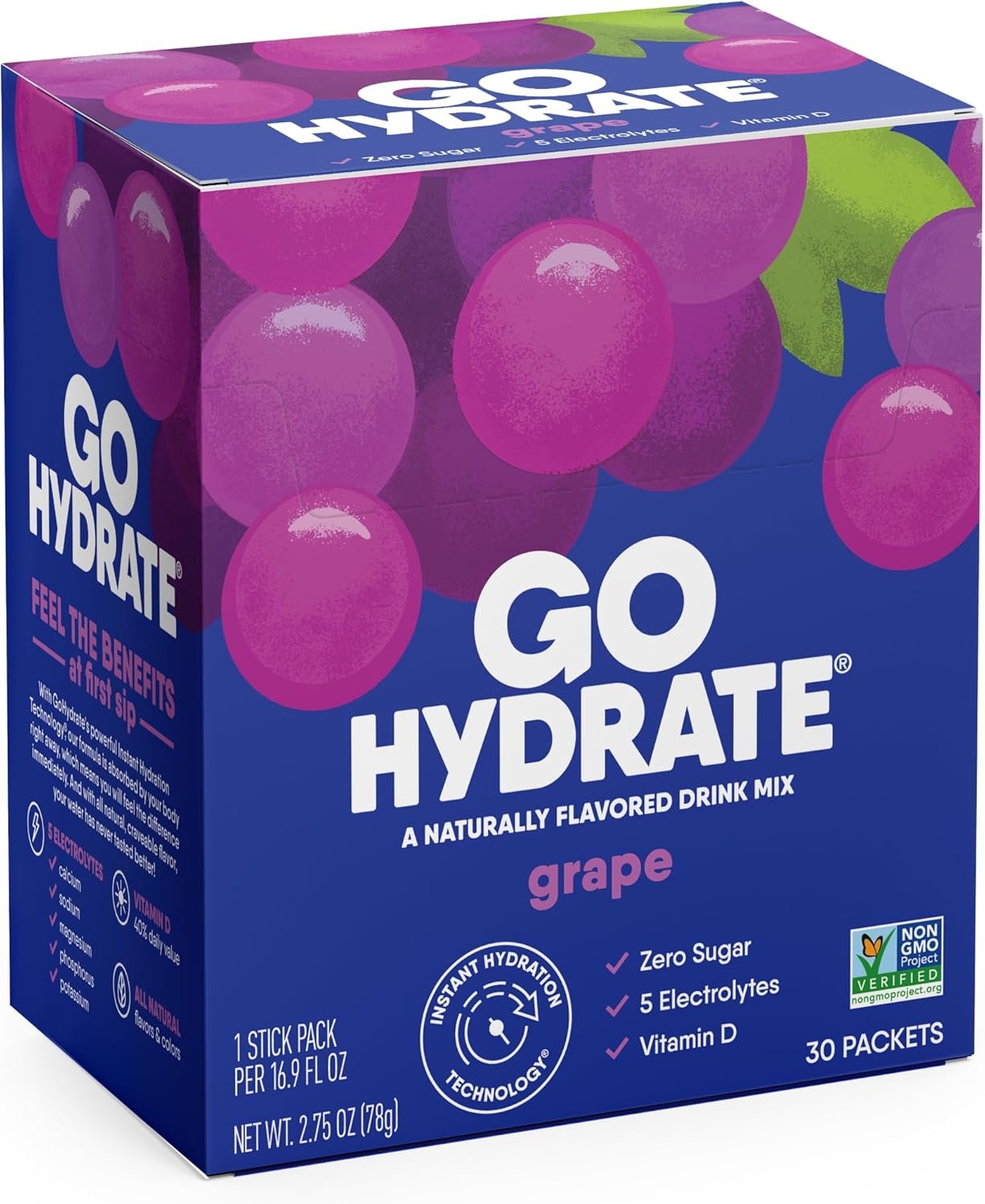 GoHydrate Instant Hydration Powder Packets – Low Sodium Electrolytes Drink Mix – Natural Hydration Support, Sugar Free Electrolyte Flavored Powder Drink with Vitamin D, 30 Packs, Grape