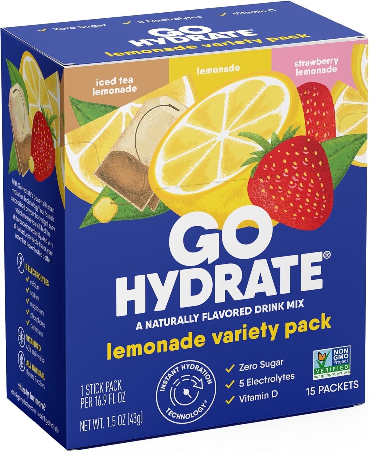 GoHydrate Low Sodium Electrolytes Powder Packets Sugar Free – Instant Hydration Daily Drink Mix – Zero Sugar Water Flavor Packet Singles with Vitamin D – (Lemonade Mixed, 15 Packs)