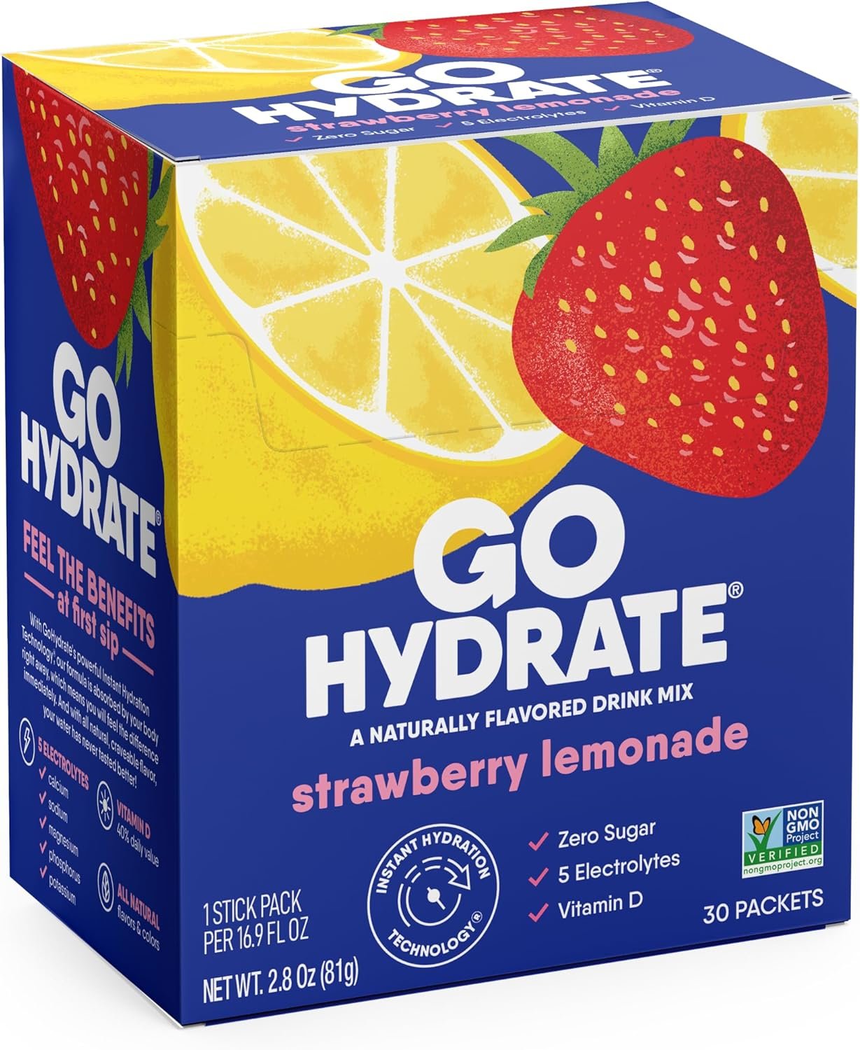 GoHydrate Low Sodium Electrolytes Powder Packets Sugar Free – Instant Hydration Daily Drink Mix – Zero Sugar Water Flavor Packet Singles with Vitamin D – (Strawberry Lemonade, 30 Packs)