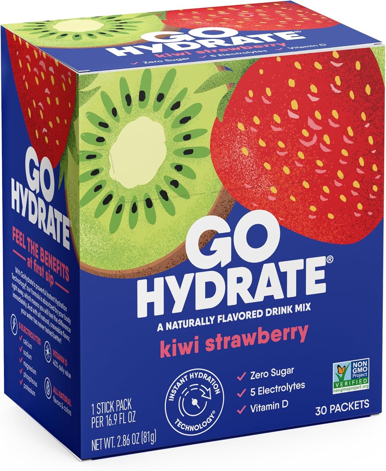 GoHydrate Instant Hydration Powder Packets – Low Sodium Electrolytes Drink Mix – Natural Hydration Support, Sugar Free Electrolyte Flavored Powder Drink with Vitamin D, 30 Packs, Kiwi Strawberry