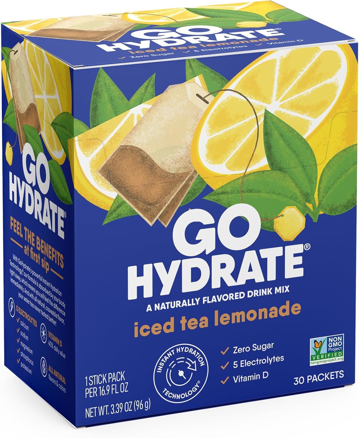 GoHydrate Low Sodium Electrolytes Powder Packets Sugar Free – Instant Hydration Daily Drink Mix – Zero Sugar Water Flavor Packet Singles with Vitamin D – (Iced Tea Lemonade, 30 Packs)